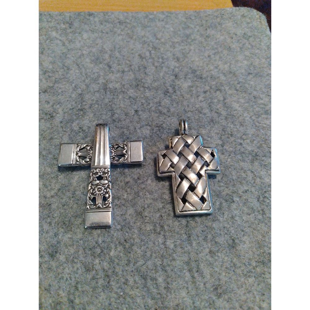 Vintage Silver Cross Pendants Set of‎ 2 - Celtic Knot & Floral Religious Jewelry